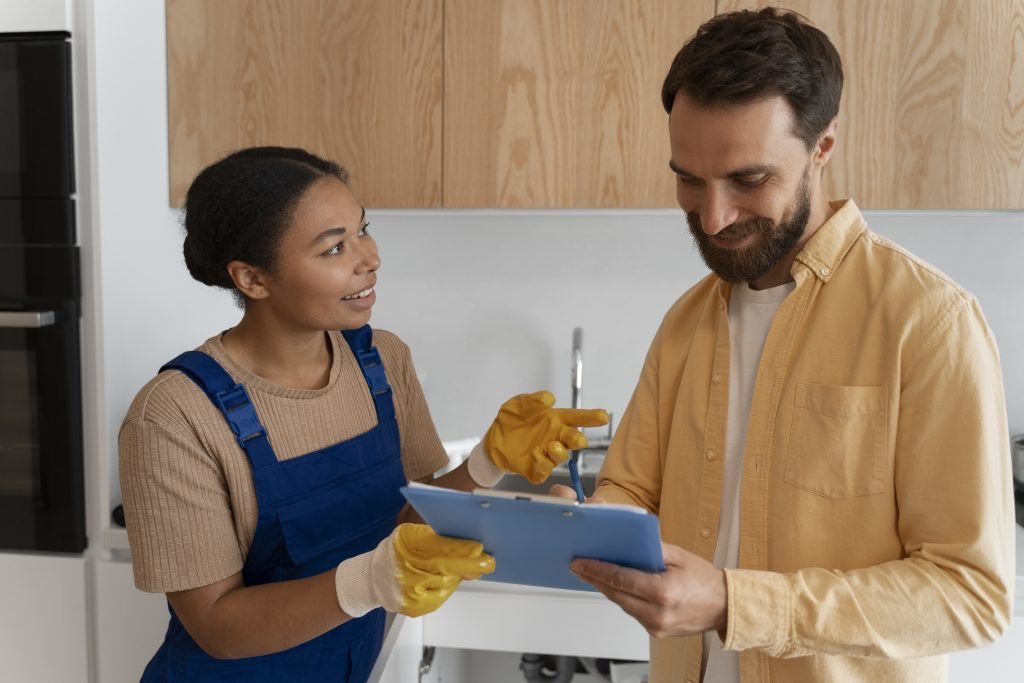 Deep Cleaning 4 side view woman working as plumber